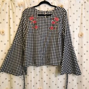 Gingham floral embroidered bell sleeve top
